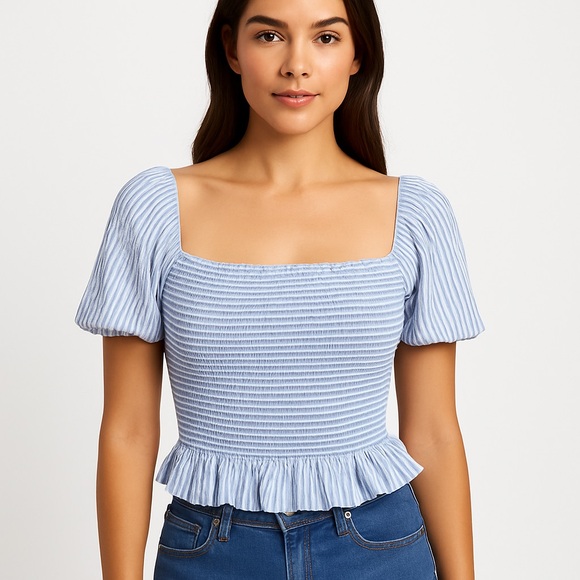 Blue And White Stripped Cottage Core Preppy Stretch Peasant Top‎ - Picture 1 of 3